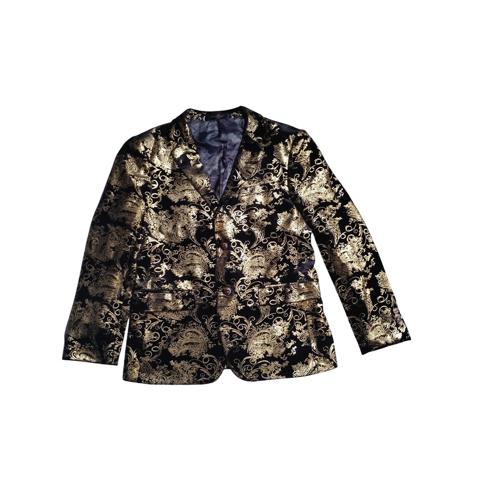 CloudStyle Mens Black Gold Floral Paisley Velvet Blazer Tuxedo Jacket Prom Party
